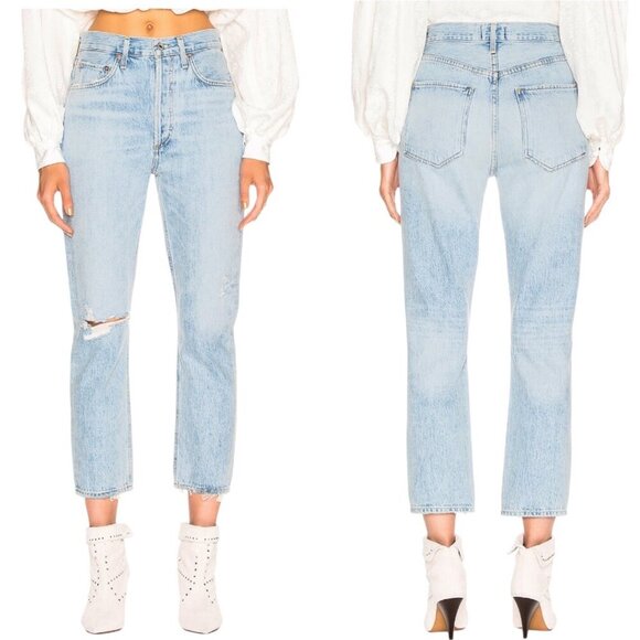 New Agolde Riley High Rise Straight Leg Crop Jeans Size 27 In Shatter Wash Blue - Picture 1 of 16